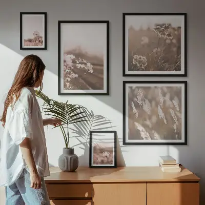 Pared galería de arte con motivos florales de delicada naturaleza