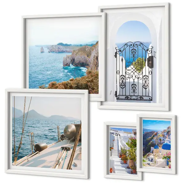 Set de 5 cuadros para salón con paisajes de arquitectura marina en Grecia
