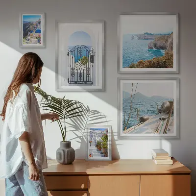 Set de 5 cuadros para salón con paisajes de arquitectura marina en Grecia