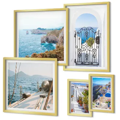 Set de 5 cuadros para salón con paisajes de arquitectura marina en Grecia