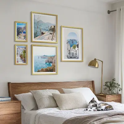 Set de 5 cuadros para salón con paisajes de arquitectura marina en Grecia