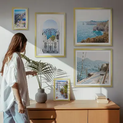 Set de 5 cuadros para salón con paisajes de arquitectura marina en Grecia