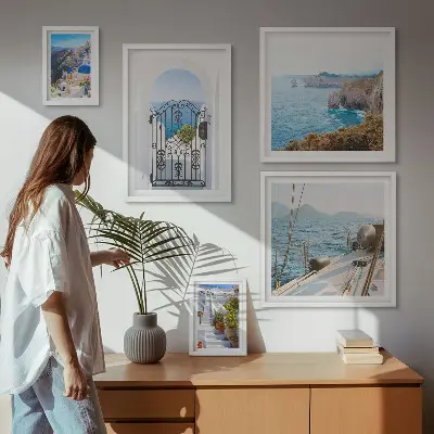 Set de 5 cuadros para salón con paisajes de arquitectura marina en Grecia