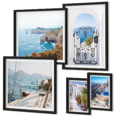 Set de 5 cuadros para salón con paisajes de arquitectura marina en Grecia