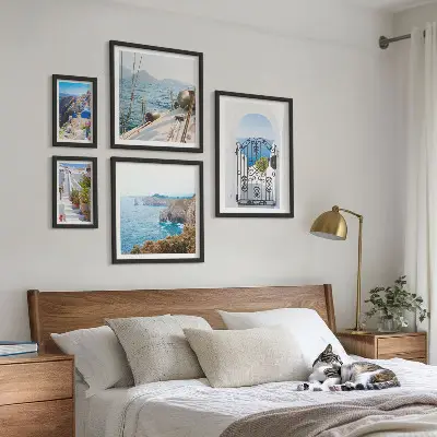 Set de 5 cuadros para salón con paisajes de arquitectura marina en Grecia