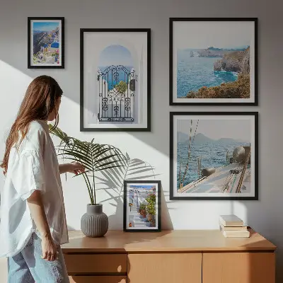 Set de 5 cuadros para salón con paisajes de arquitectura marina en Grecia