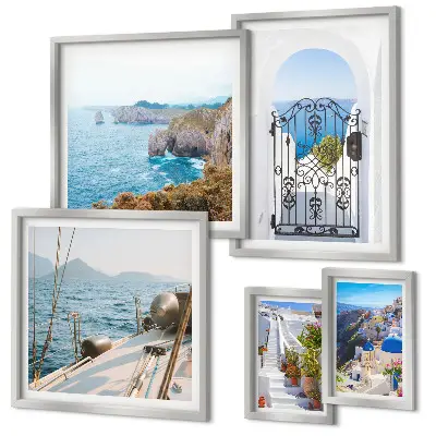 Set de 5 cuadros para salón con paisajes de arquitectura marina en Grecia