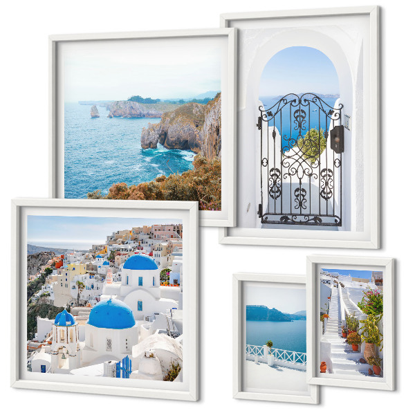 Pared galería de arte Casas de Santorini bajo el mar azul