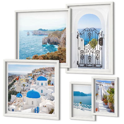 Pared galería de arte Casas de Santorini bajo el mar azul