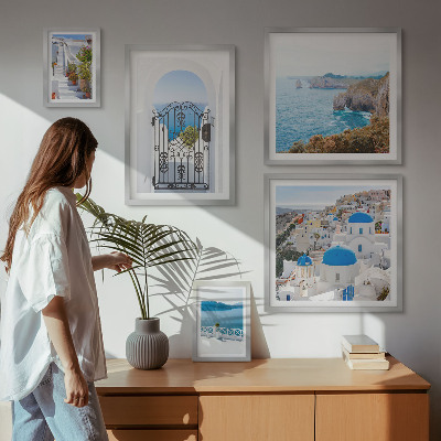 Pared galería de arte Casas de Santorini bajo el mar azul