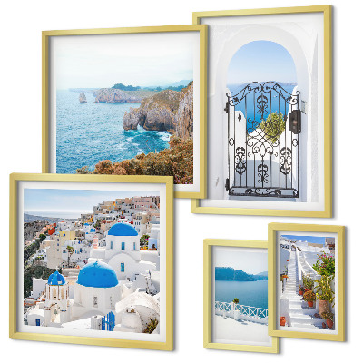 Pared galería de arte Casas de Santorini bajo el mar azul