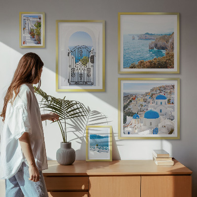 Pared galería de arte Casas de Santorini bajo el mar azul