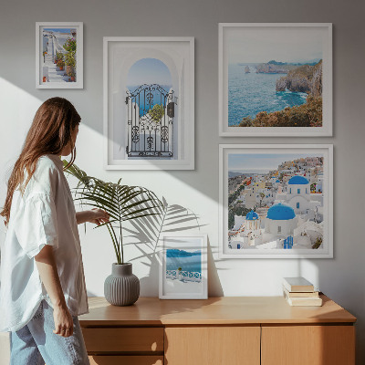 Pared galería de arte Casas de Santorini bajo el mar azul