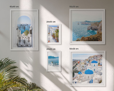 Pared galería de arte Casas de Santorini bajo el mar azul