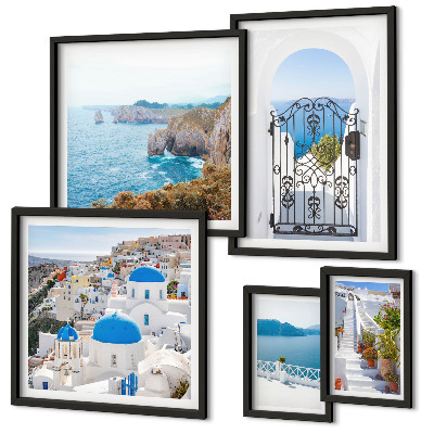 Pared galería de arte Casas de Santorini bajo el mar azul