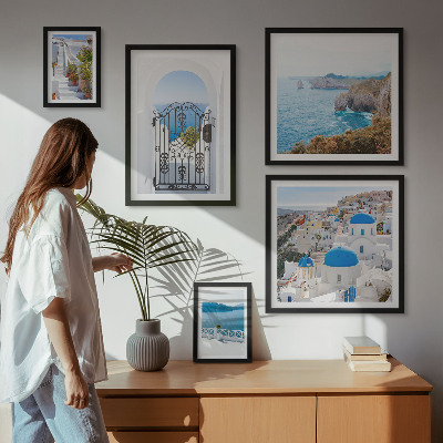 Pared galería de arte Casas de Santorini bajo el mar azul