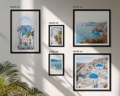 Pared galería de arte Casas de Santorini bajo el mar azul