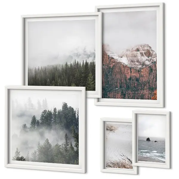 Pared galería de arte paisajes de montañas, bosques y nubes