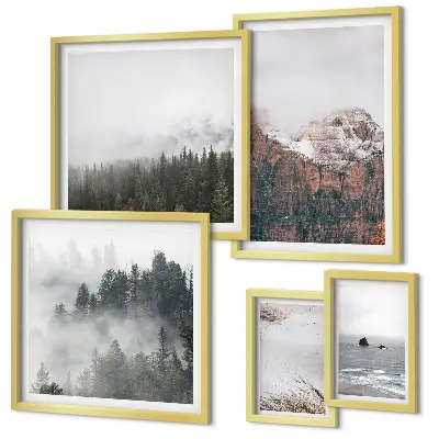 Pared galería de arte paisajes de montañas, bosques y nubes