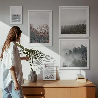 Pared galería de arte paisajes de montañas, bosques y nubes