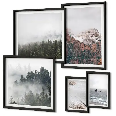 Pared galería de arte paisajes de montañas, bosques y nubes