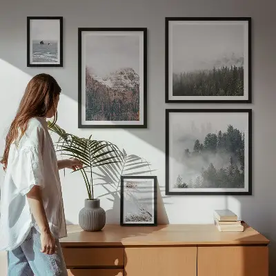 Pared galería de arte paisajes de montañas, bosques y nubes