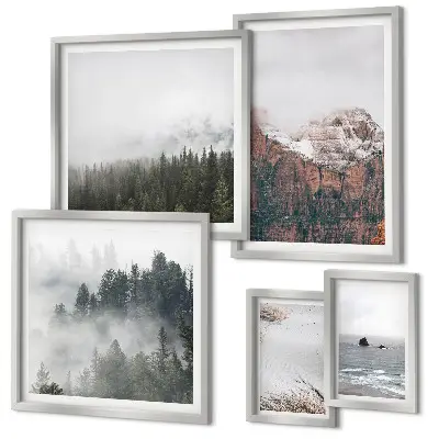 Pared galería de arte paisajes de montañas, bosques y nubes