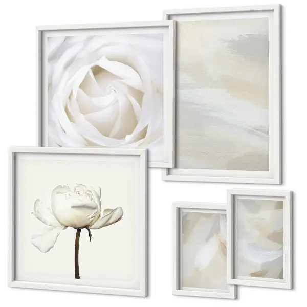 Set de 5 cuadros para salón con diseño de inspiraciones florales blancas
