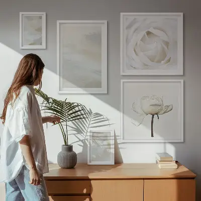 Set de 5 cuadros para salón con diseño de inspiraciones florales blancas