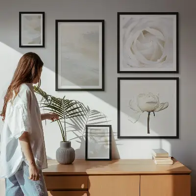 Set de 5 cuadros para salón con diseño de inspiraciones florales blancas
