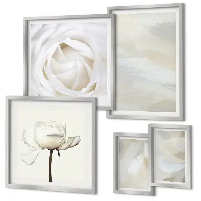 Set de 5 cuadros para salón con diseño de inspiraciones florales blancas