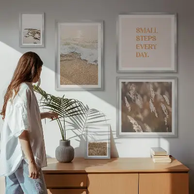 Set de 5 cuadros para salón con citas sobre paisajes costeros y la vida