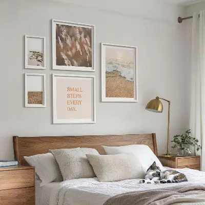 Set de 5 cuadros para salón con citas sobre paisajes costeros y la vida