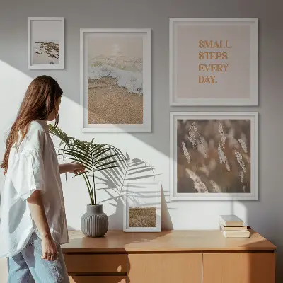 Set de 5 cuadros para salón con citas sobre paisajes costeros y la vida