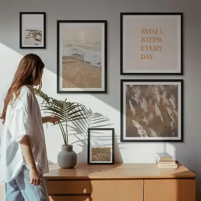 Set de 5 cuadros para salón con citas sobre paisajes costeros y la vida