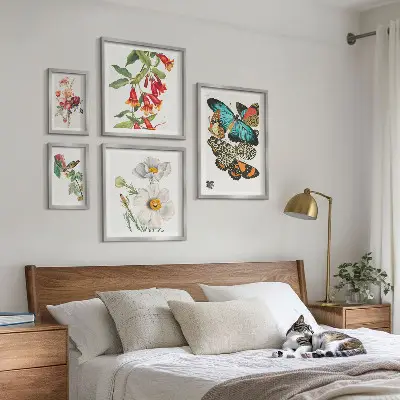 Pared galería de arte decoraciones vintage con flores, mariposas y pájaros