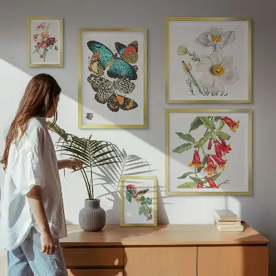 Pared galería de arte decoraciones vintage con flores, mariposas y pájaros
