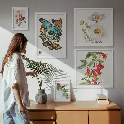 Pared galería de arte decoraciones vintage con flores, mariposas y pájaros