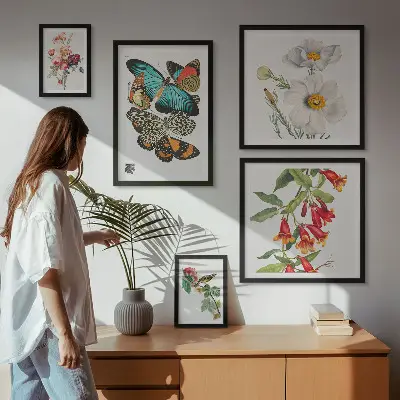 Pared galería de arte decoraciones vintage con flores, mariposas y pájaros