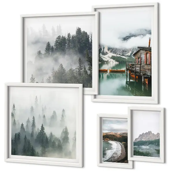 Conjunto de cuadros decorativos con paisajes de montaña, cabañas y agua