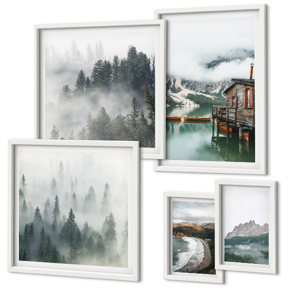 Conjunto de cuadros decorativos Paisajes de montaña, cabañas, agua