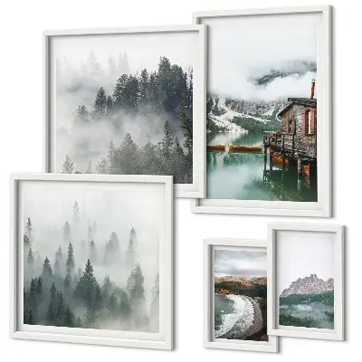 Conjunto de cuadros decorativos con paisajes de montaña, cabañas y agua