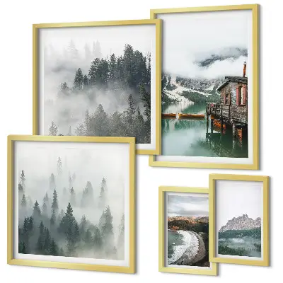 Conjunto de cuadros decorativos con paisajes de montaña, cabañas y agua