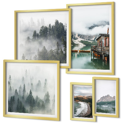 Conjunto de cuadros decorativos Paisajes de montaña, cabañas, agua