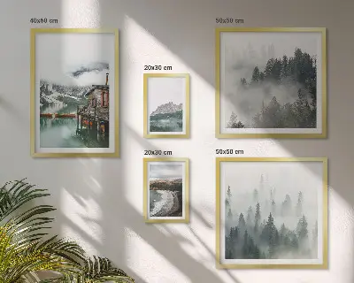 Conjunto de cuadros decorativos con paisajes de montaña, cabañas y agua