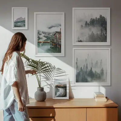Conjunto de cuadros decorativos con paisajes de montaña, cabañas y agua