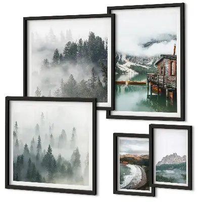 Conjunto de cuadros decorativos con paisajes de montaña, cabañas y agua