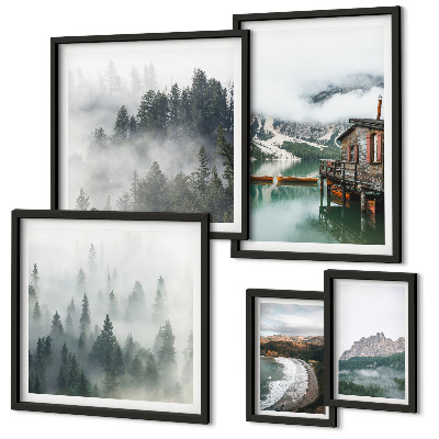 Conjunto de cuadros decorativos Paisajes de montaña, cabañas, agua