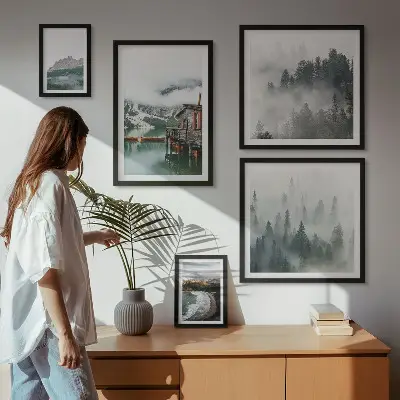Conjunto de cuadros decorativos con paisajes de montaña, cabañas y agua