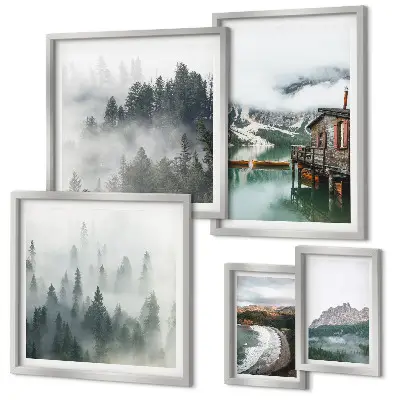 Conjunto de cuadros decorativos con paisajes de montaña, cabañas y agua